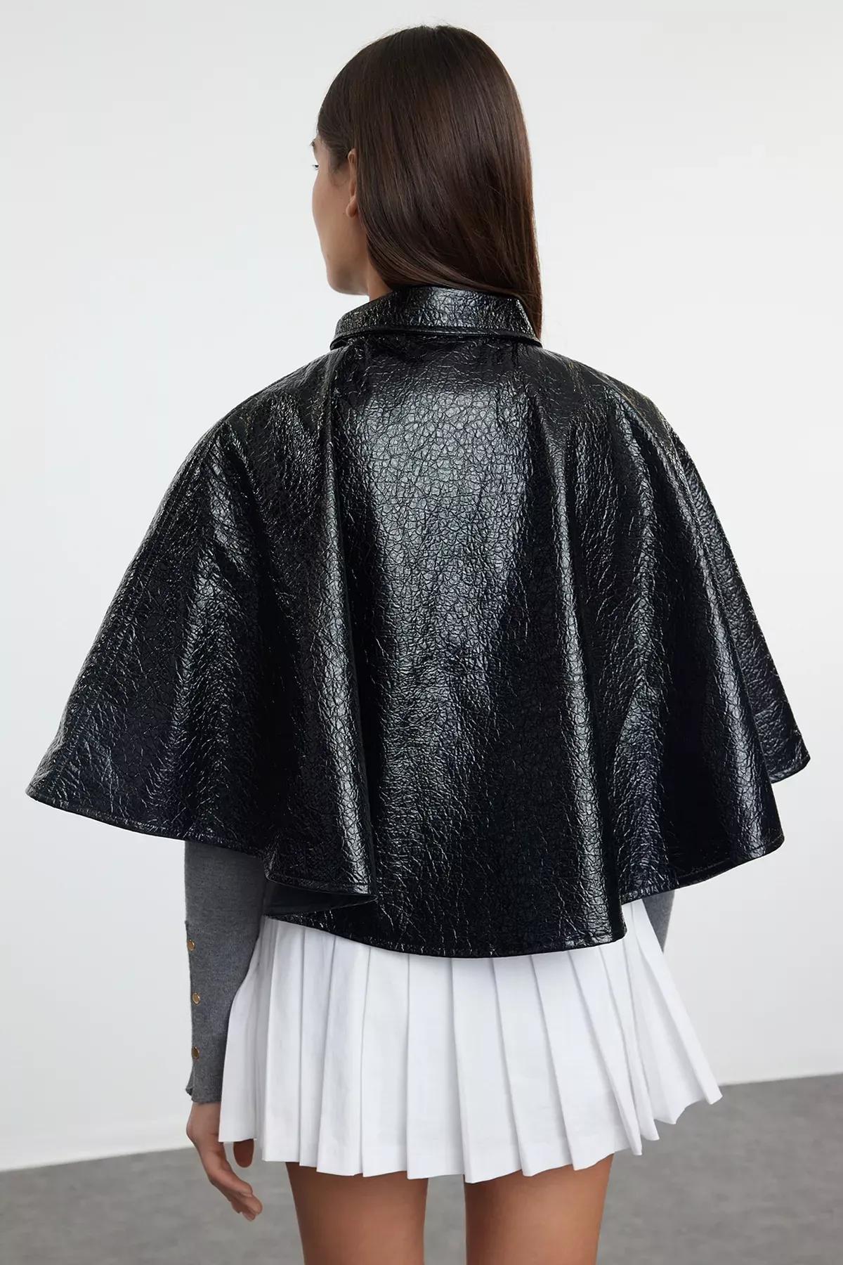 Black Oversize Molded Shiny Cape Coat TWOAW25MO00181, , large image number 4
