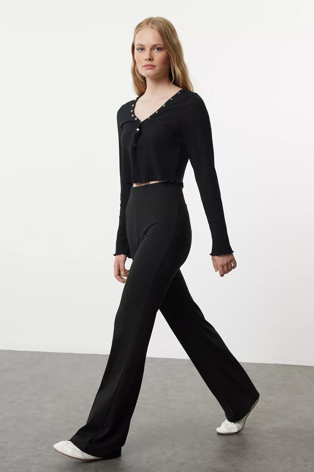 Black Interlock Knit Wide Trousers, , large image number 1