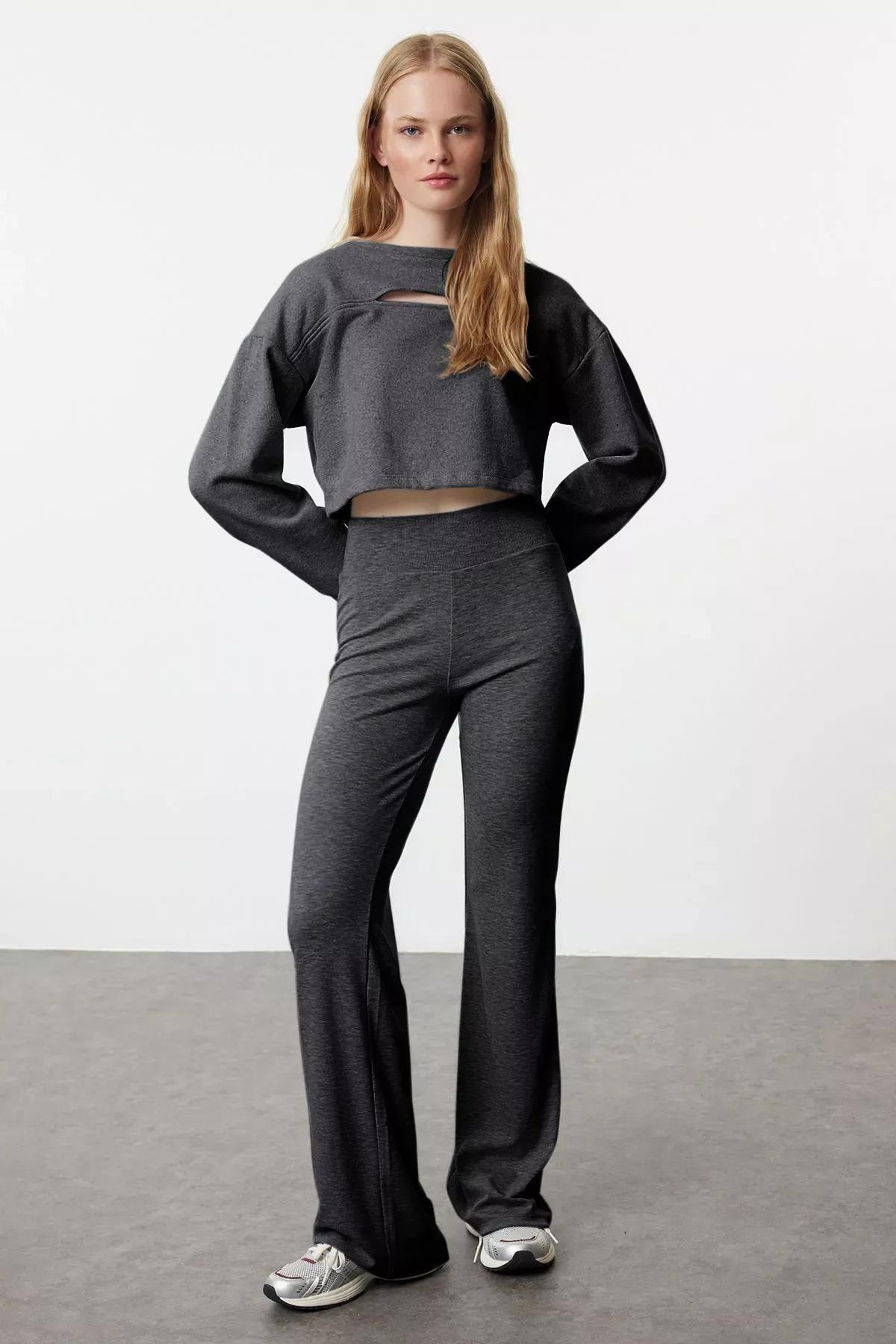 Grey Flare High-Waist Trousers, , large image number 0