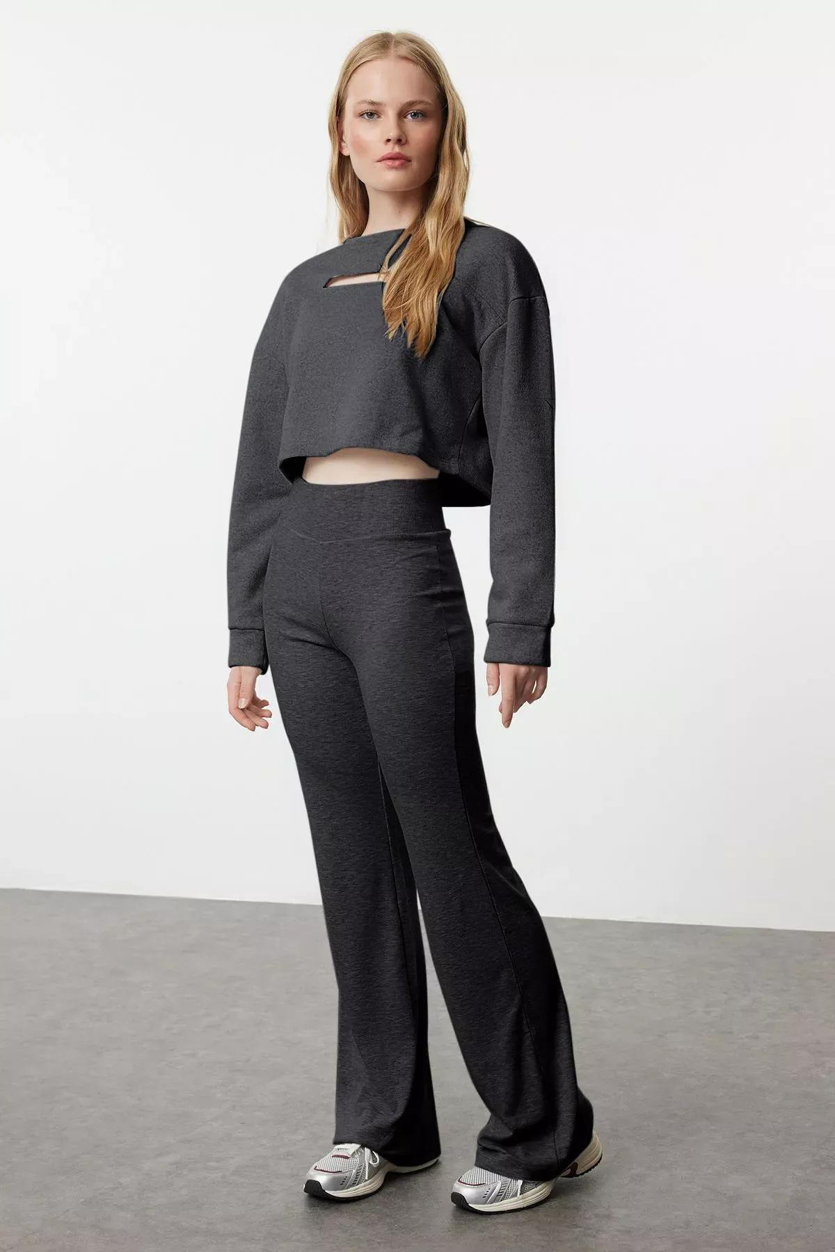 Grey Flare High-Waist Trousers, , large image number 1