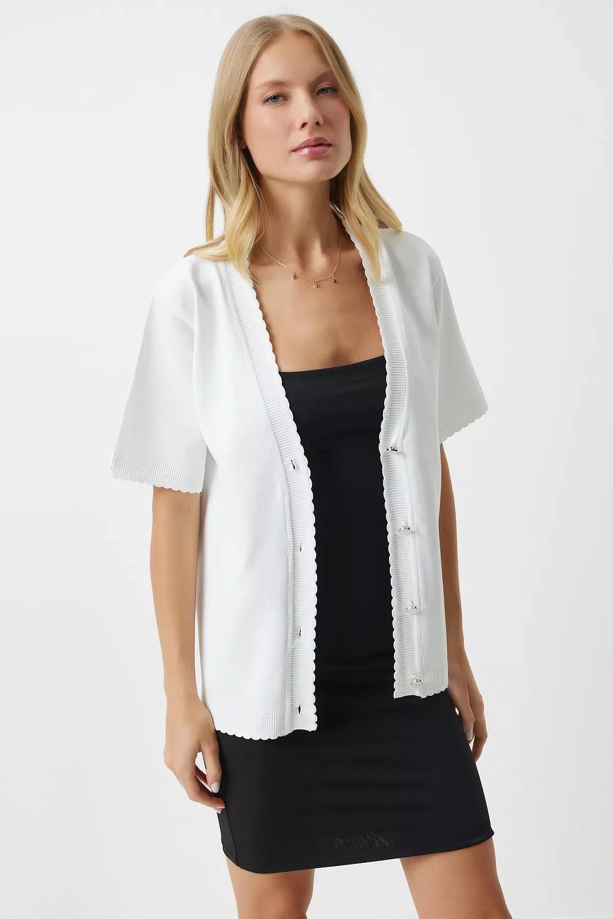 White Stylish Buttoned Knitwear Cardigan, , large image number 1