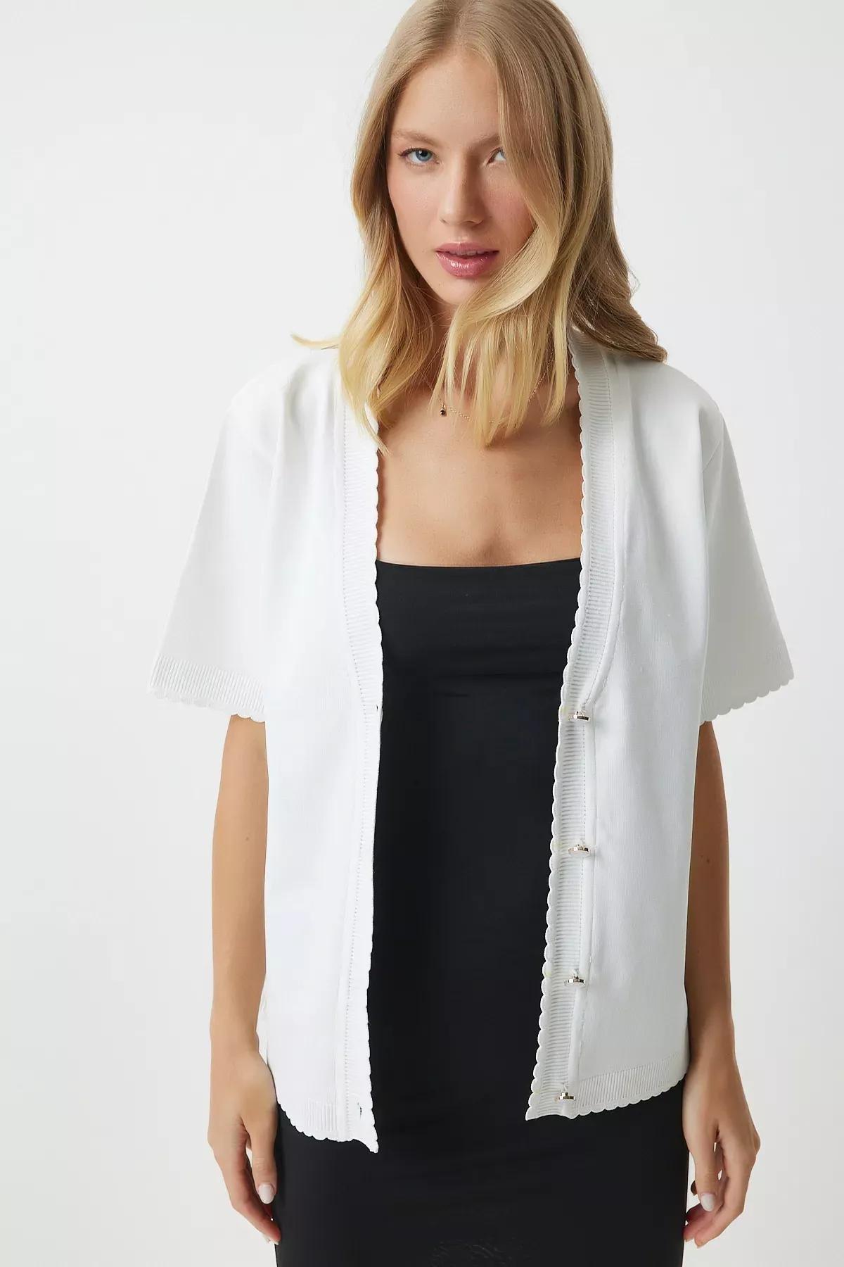 White Stylish Buttoned Knitwear Cardigan, , large image number 2