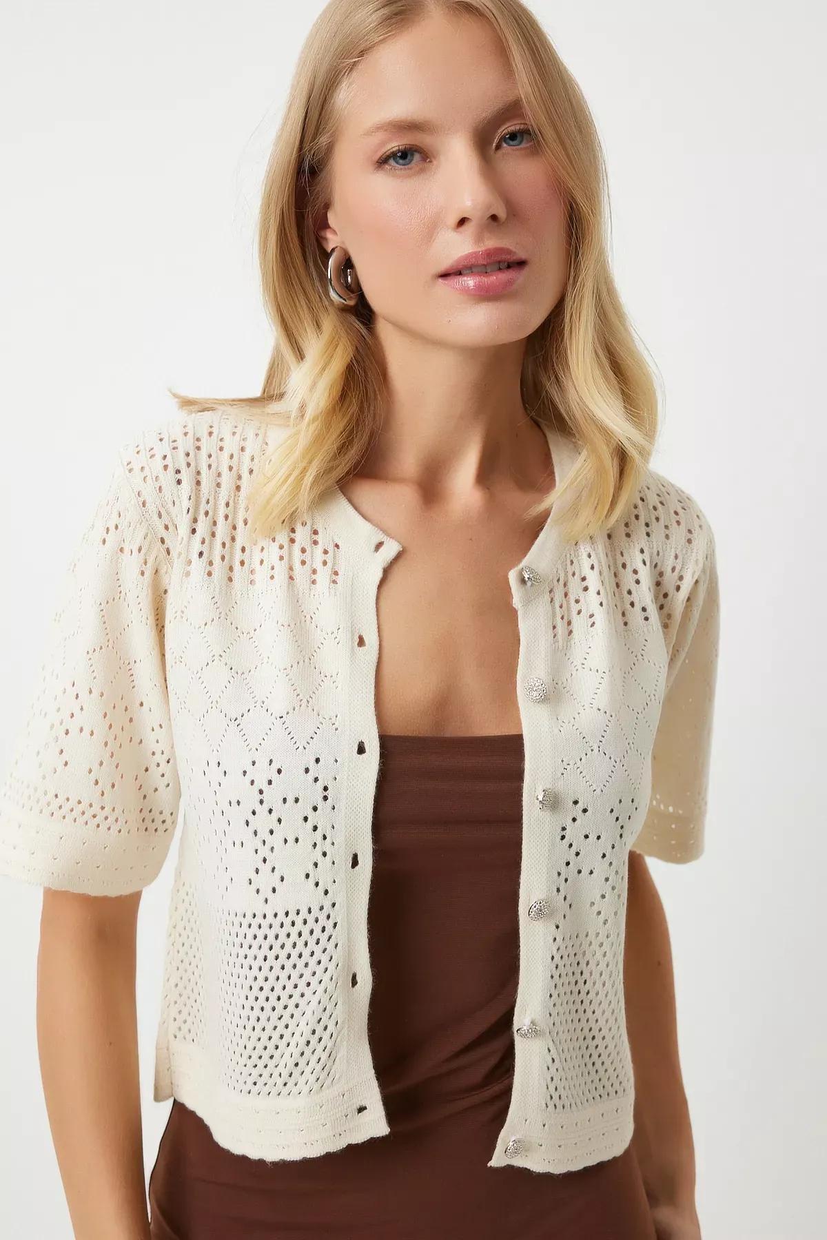 Womens Cream Openwork Seasonal Knitwear Cardigan OW00045, single, Cream, large image number 0