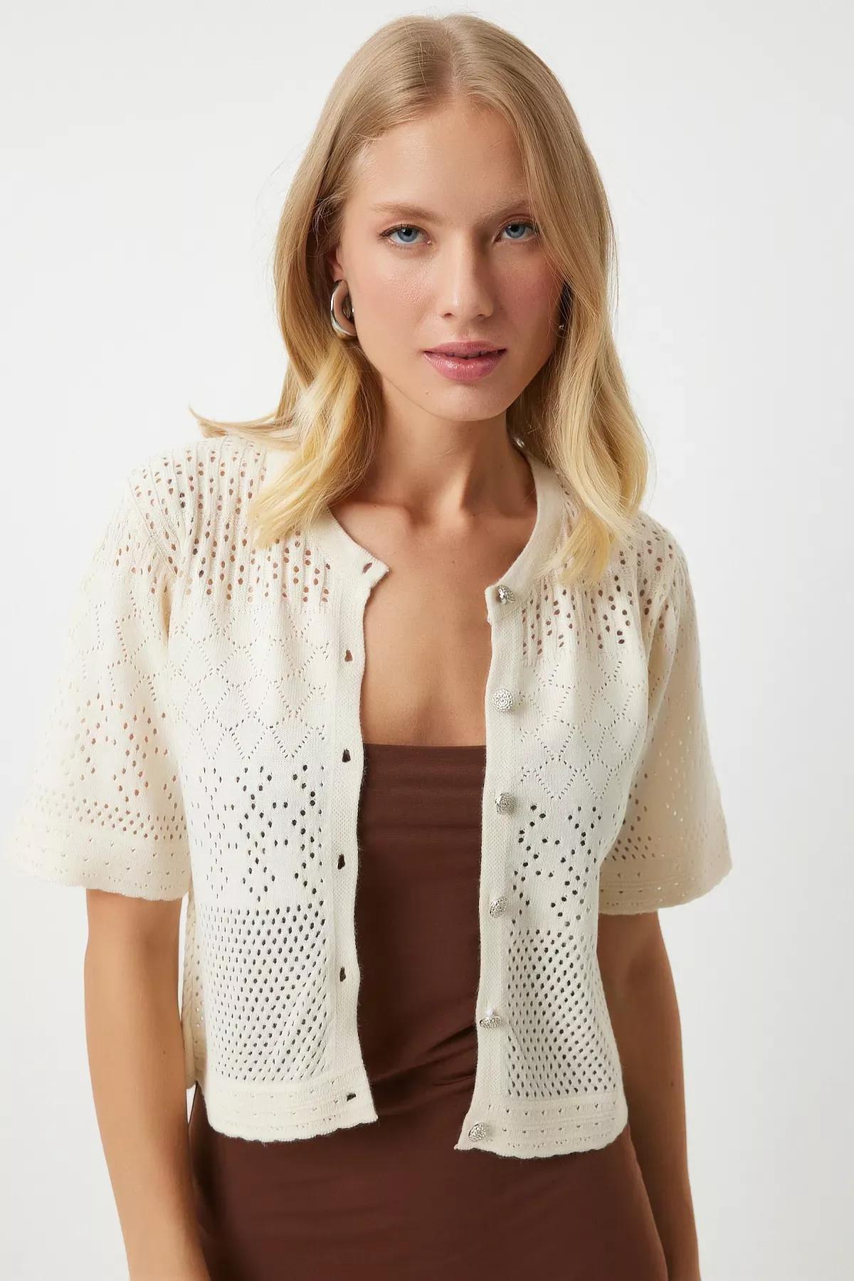 Womens Cream Openwork Seasonal Knitwear Cardigan OW00045, single, Cream, large image number 1