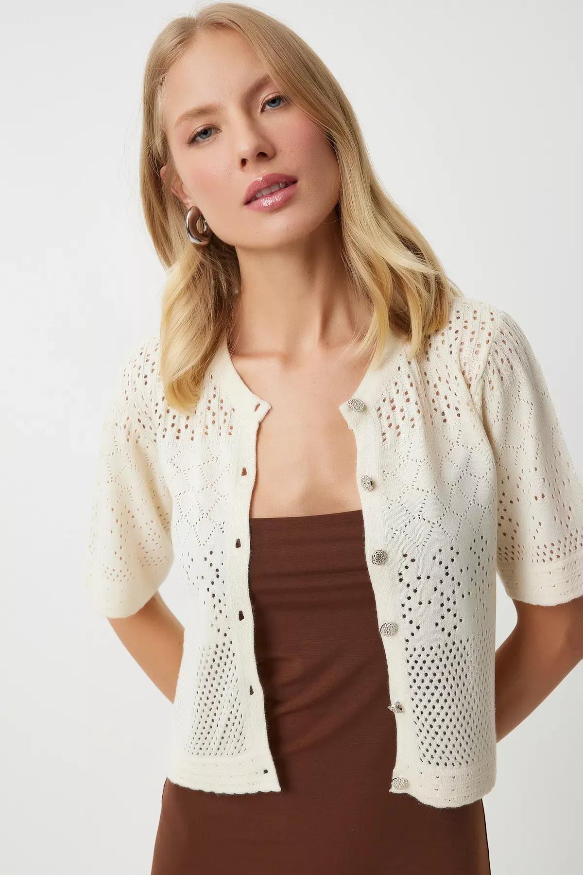Womens Cream Openwork Seasonal Knitwear Cardigan OW00045, single, Cream, large image number 2