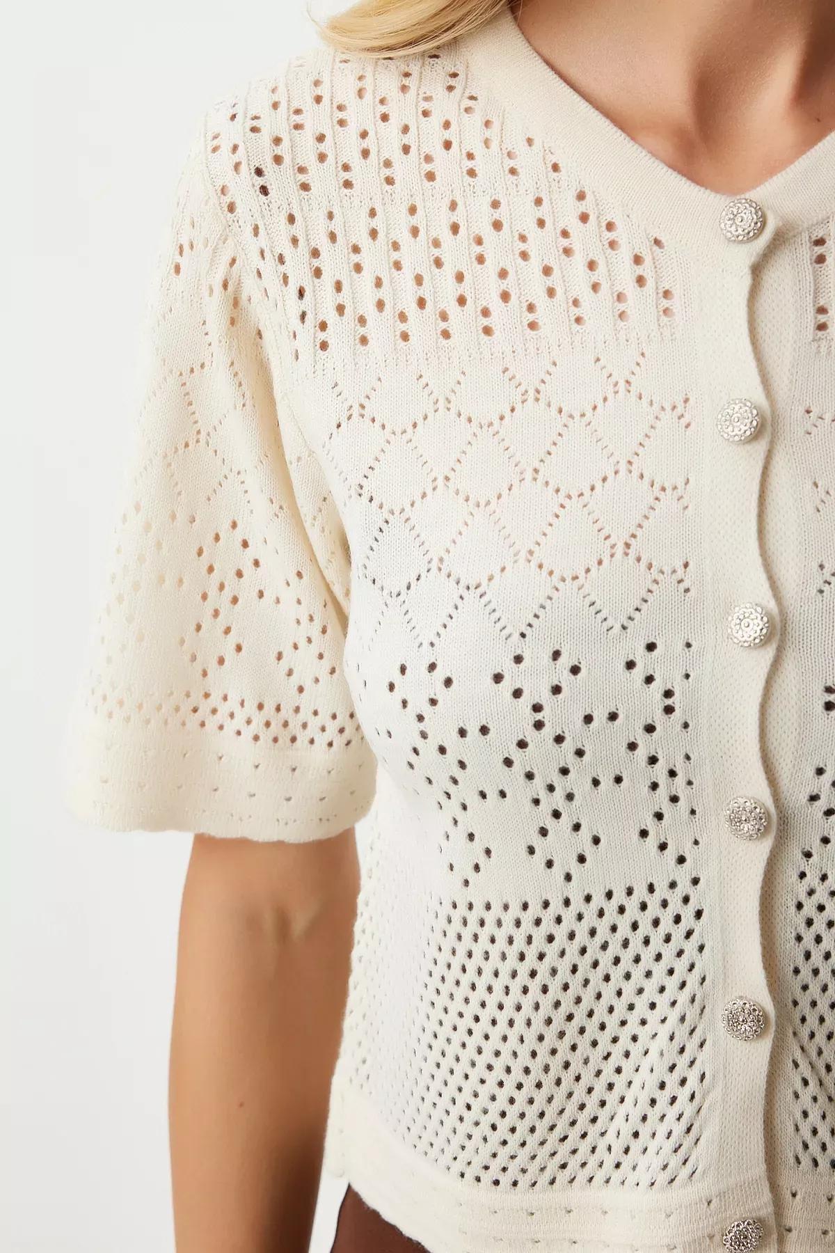 Womens Cream Openwork Seasonal Knitwear Cardigan OW00045, single, Cream, large image number 3