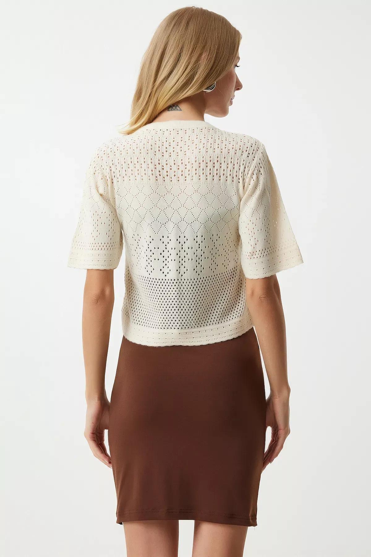 Womens Cream Openwork Seasonal Knitwear Cardigan OW00045, single, Cream, large image number 4