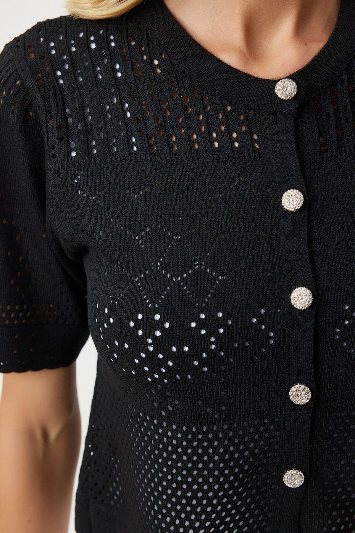 كارديغان موسمي مُحاك بتصميم مفرغ، أسود, BLACK, large image number 3