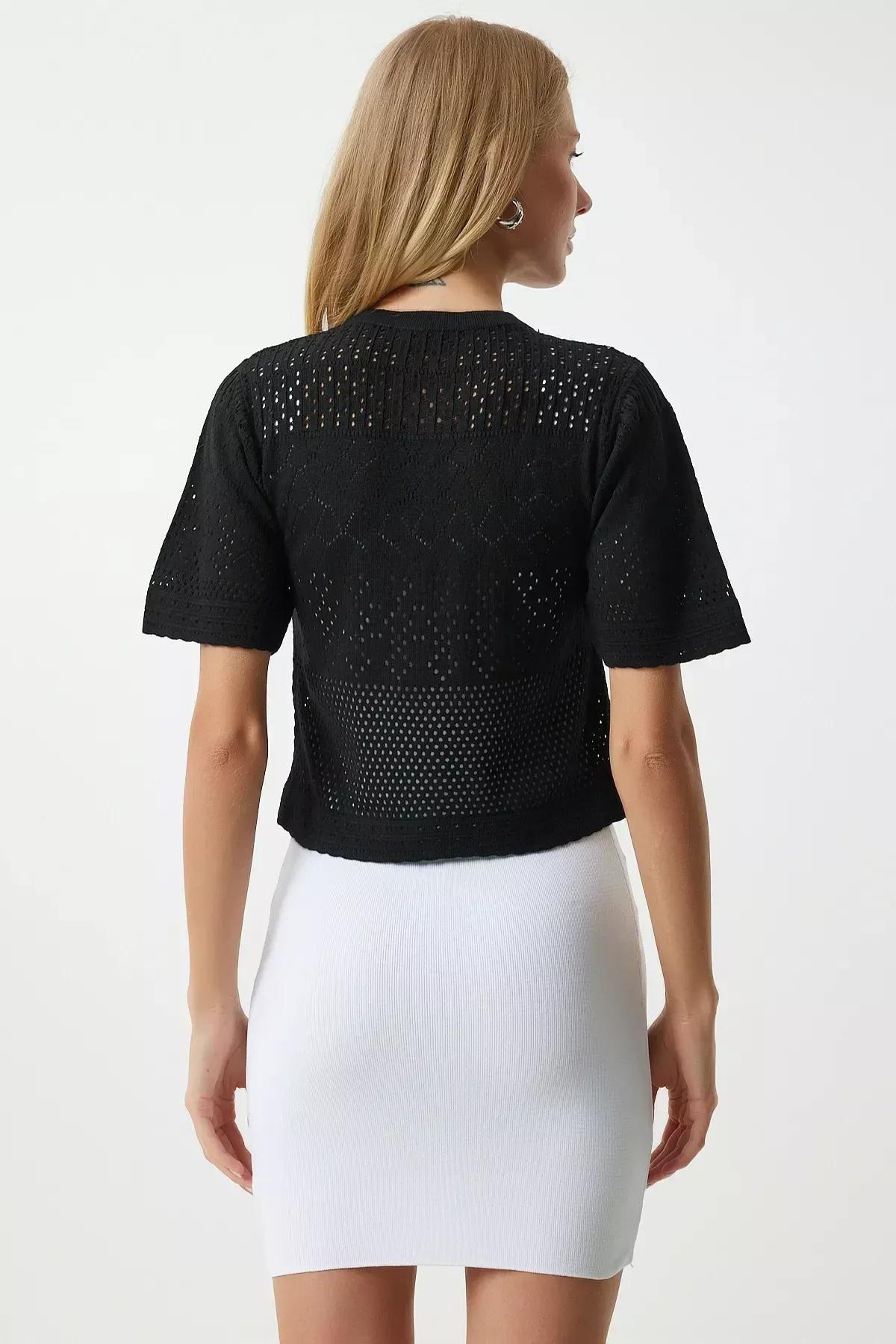 كارديغان موسمي مُحاك بتصميم مفرغ، أسود, BLACK, large image number 4