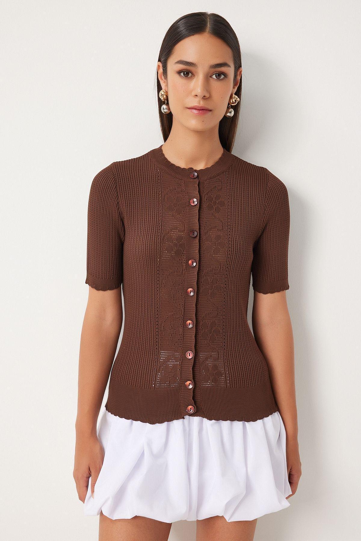Womens Brown Openwork Seasonal Knitwear Cardigan OW00044, single, , large image number 0