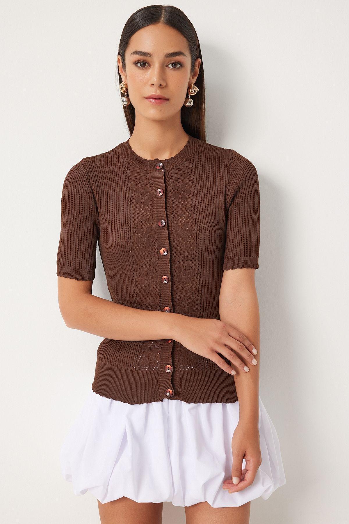 Womens Brown Openwork Seasonal Knitwear Cardigan OW00044, single, , large image number 1
