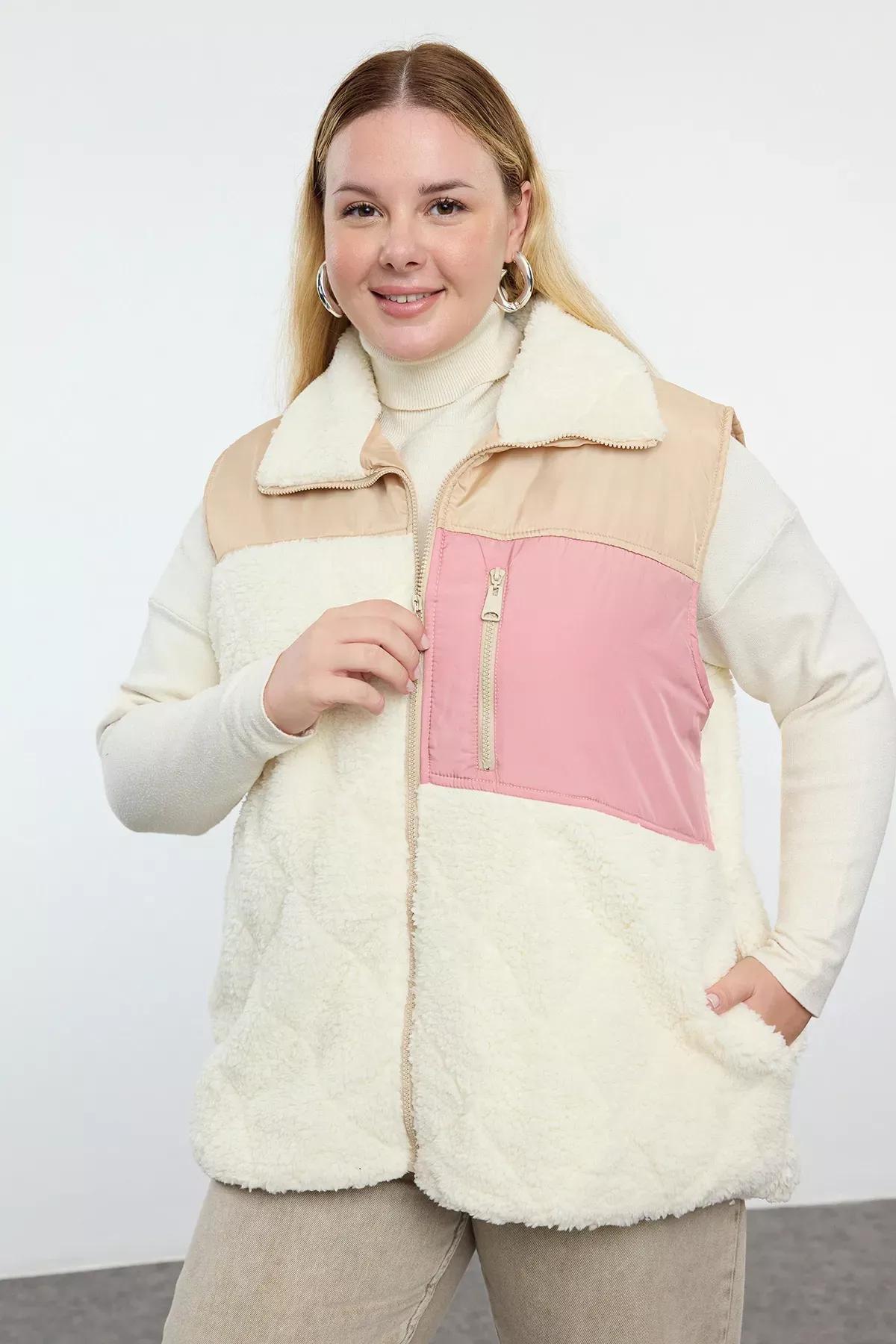 Beige Color Block Quilted Plush Vest, Ecru, large image number 0