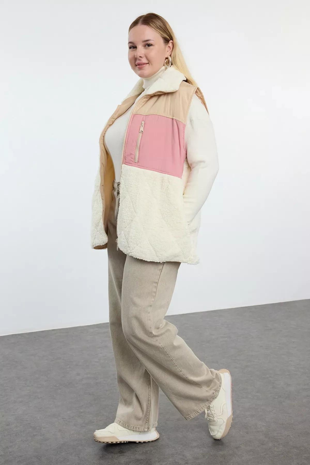 Beige Color Block Quilted Plush Vest, Ecru, large image number 1