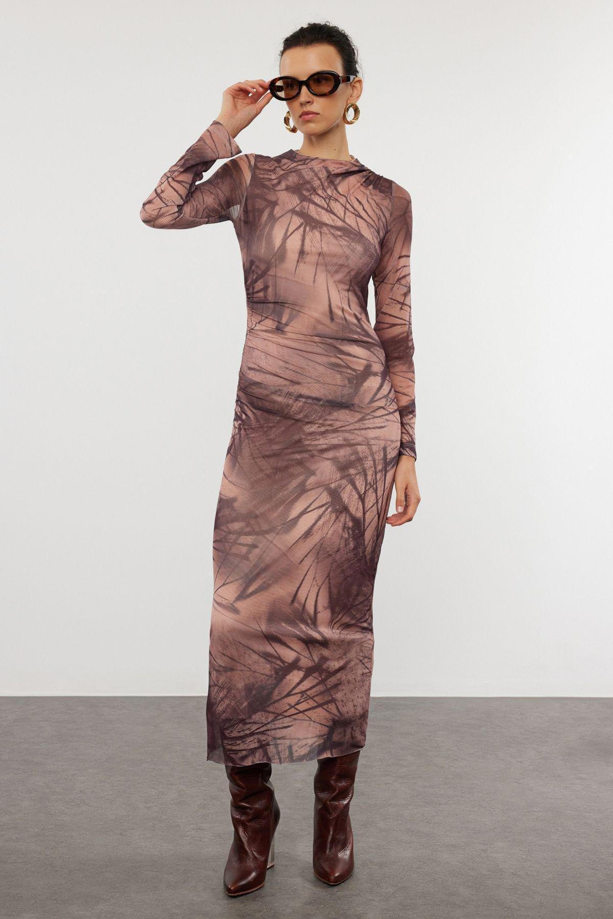 Beige Abstract Bodycon Maxi Dress, , large image number 0