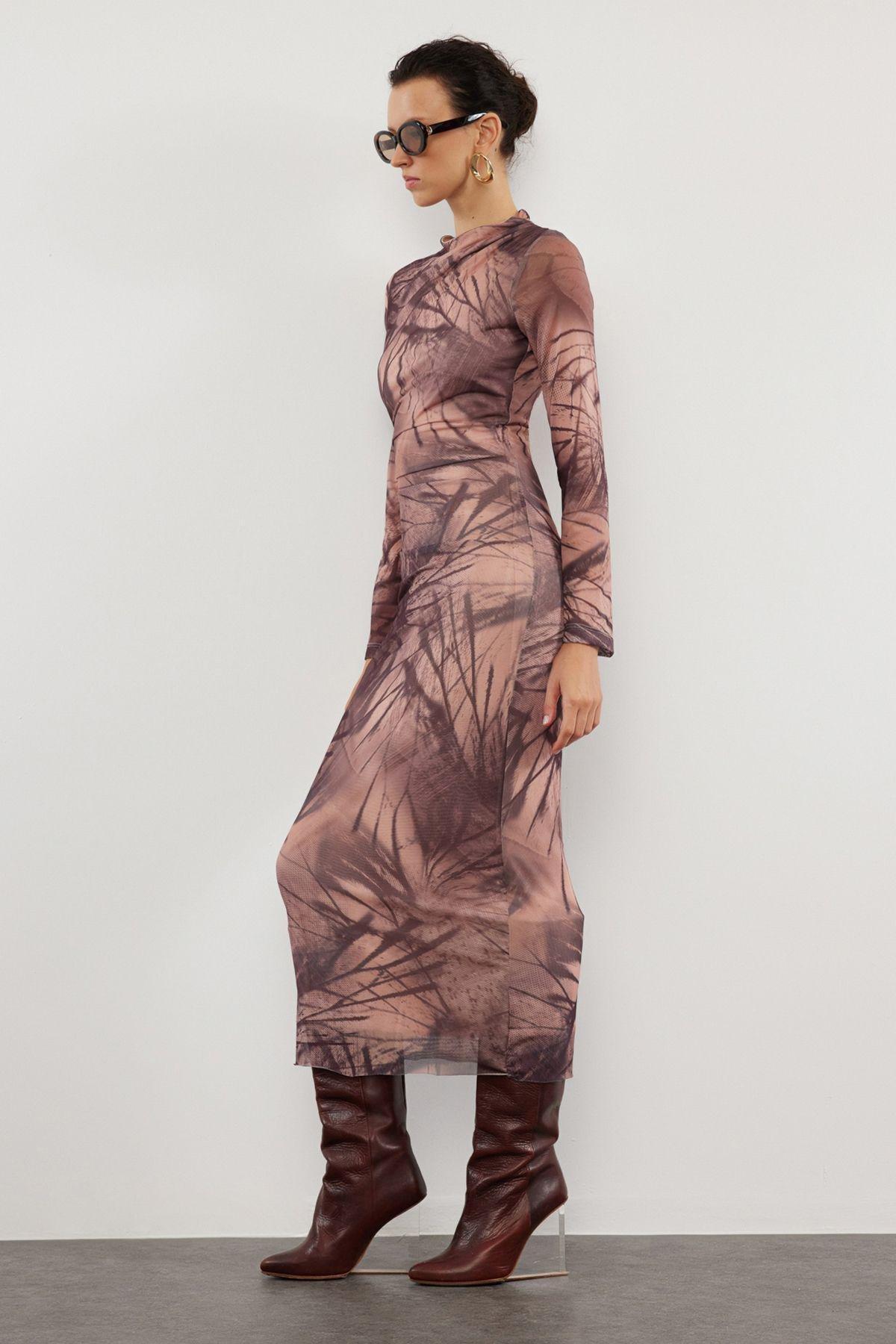 Beige Abstract Bodycon Maxi Dress, , large image number 1