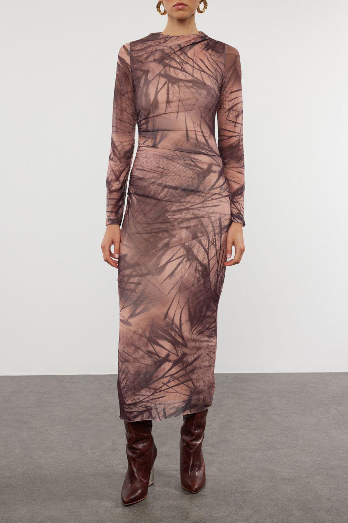 Beige Abstract Bodycon Maxi Dress, , large image number 2