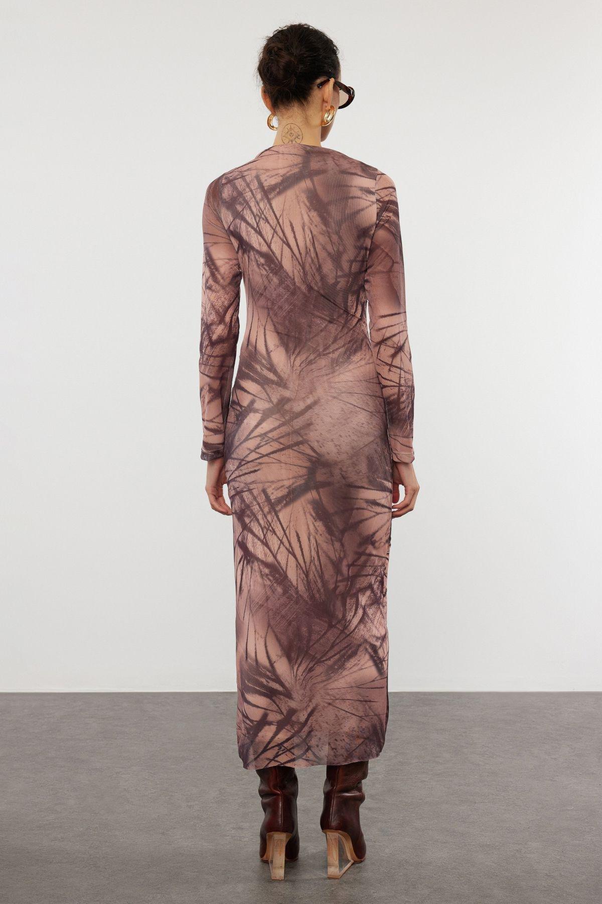 Beige Abstract Bodycon Maxi Dress, , large image number 4