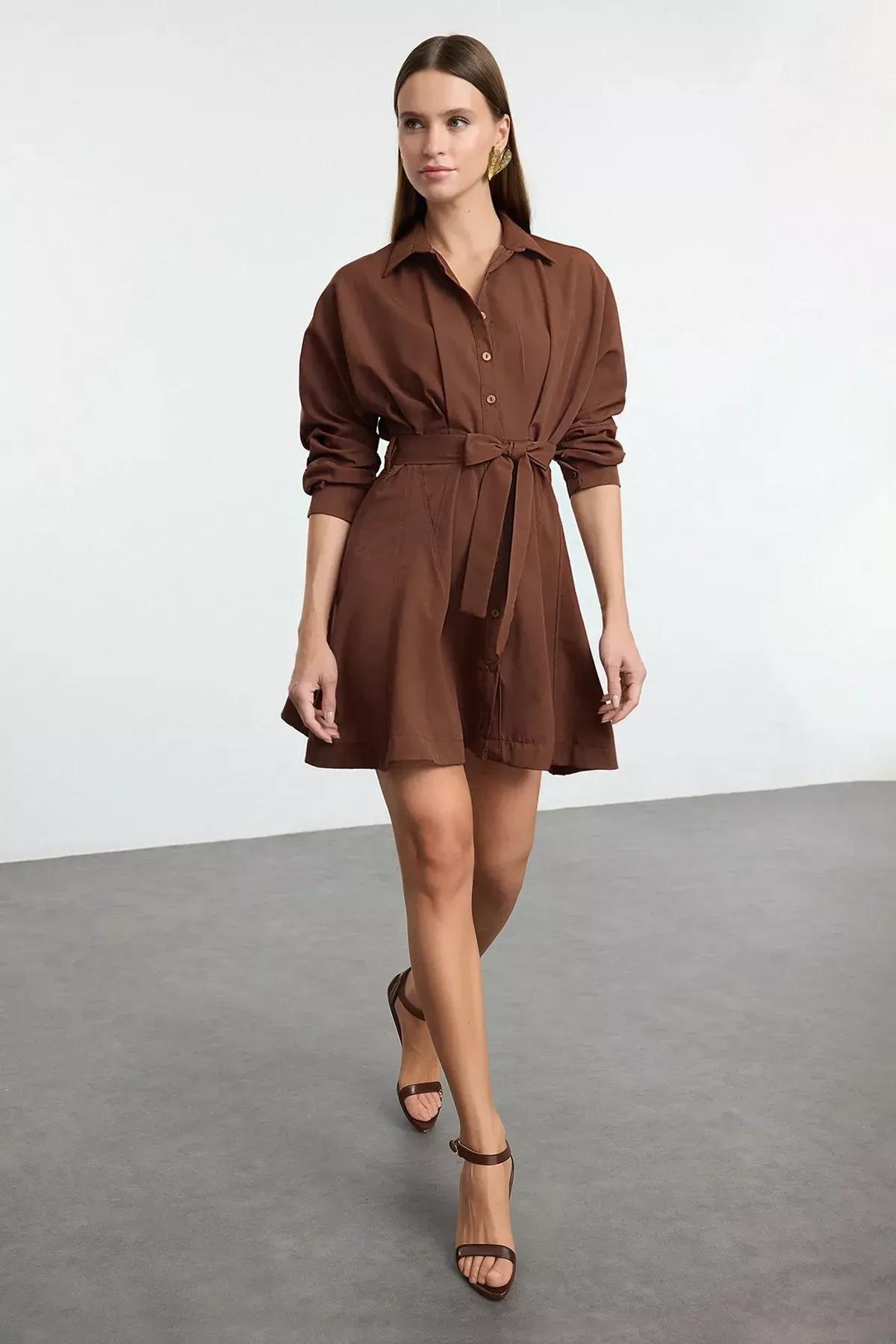Brown Open Waist Mini Woven Shirt Dress, Brown, large image number 0