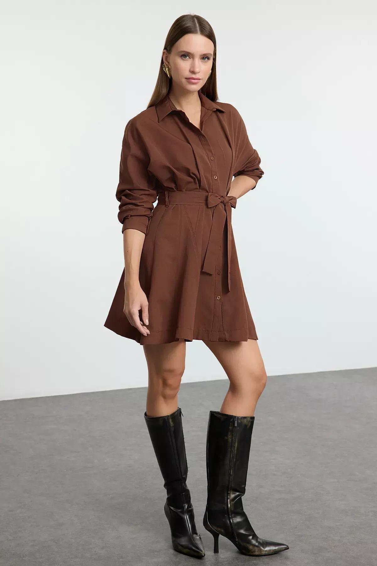 Brown Open Waist Mini Woven Shirt Dress, Brown, large image number 1