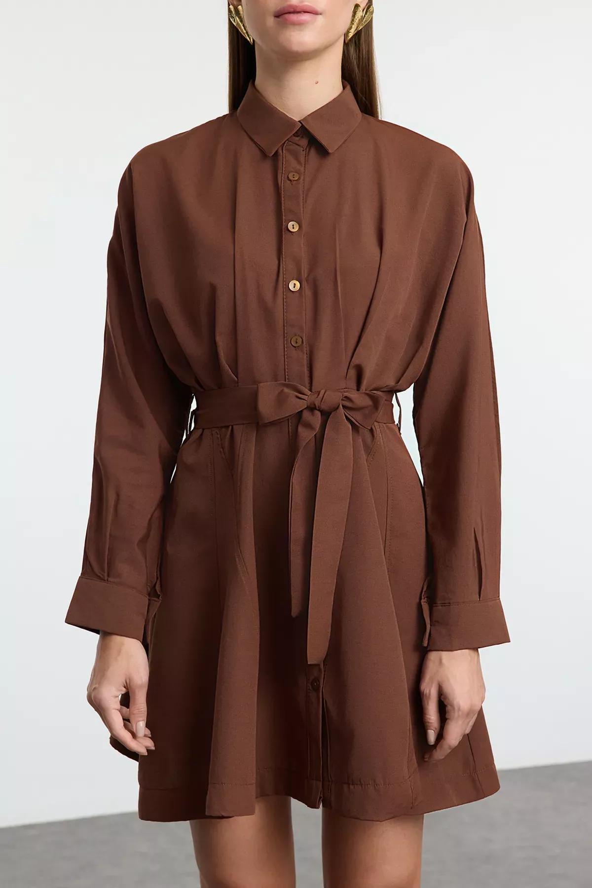 Brown Open Waist Mini Woven Shirt Dress, Brown, large image number 2