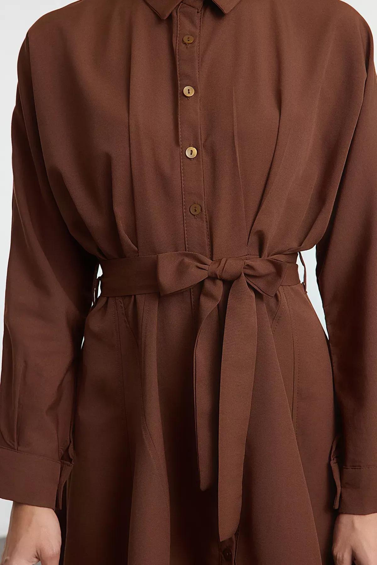 Brown Open Waist Mini Woven Shirt Dress, Brown, large image number 3