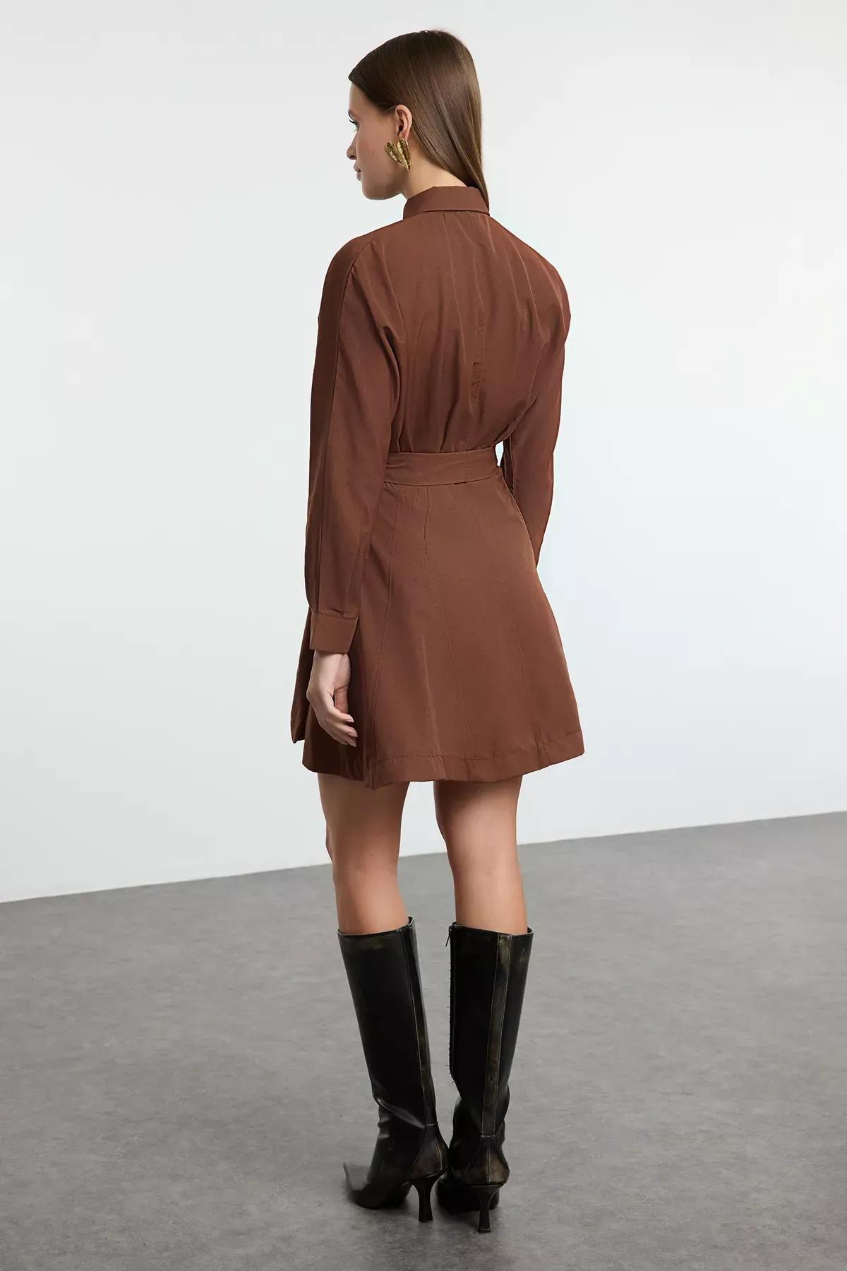 Brown Open Waist Mini Woven Shirt Dress, Brown, large image number 4