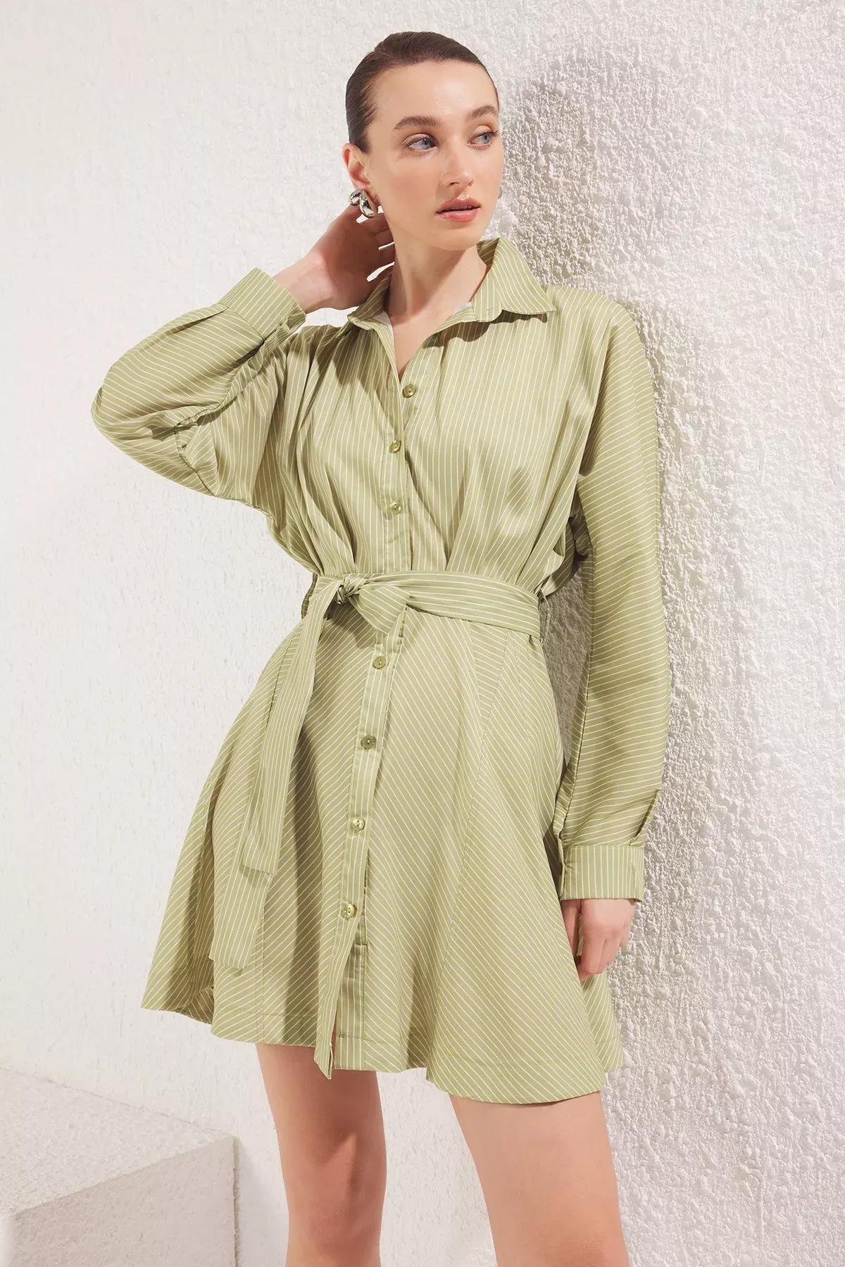 Green Striped Mini Woven Dress, OIL GREEN, large image number 0