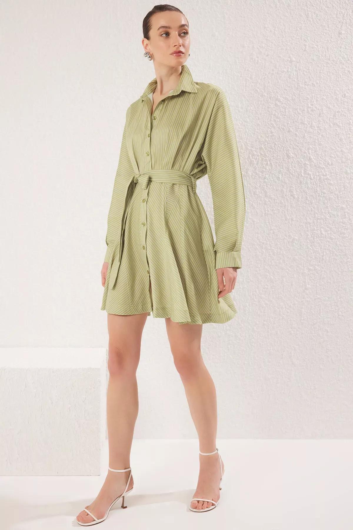 Green Striped Mini Woven Dress, OIL GREEN, large image number 1