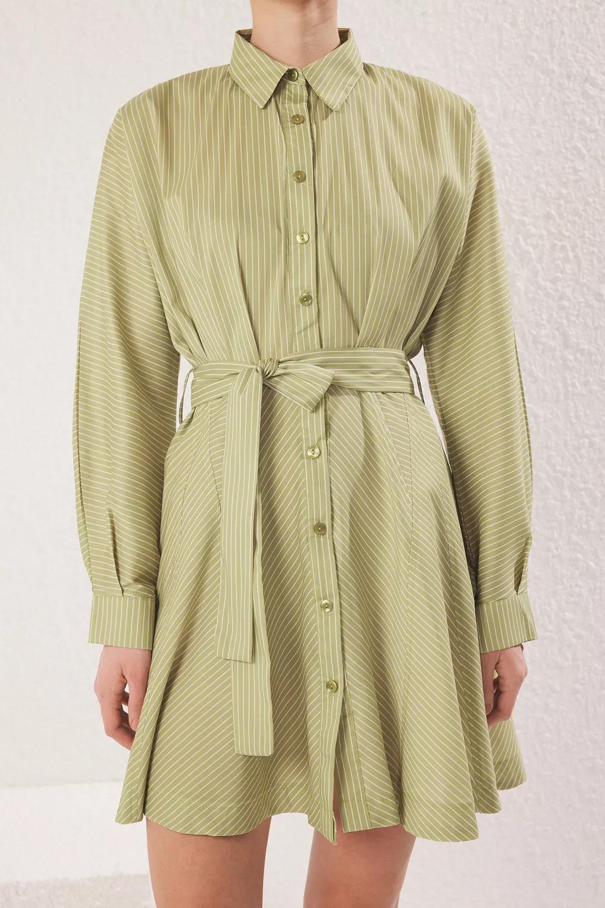 Green Striped Mini Woven Dress, OIL GREEN, large image number 2