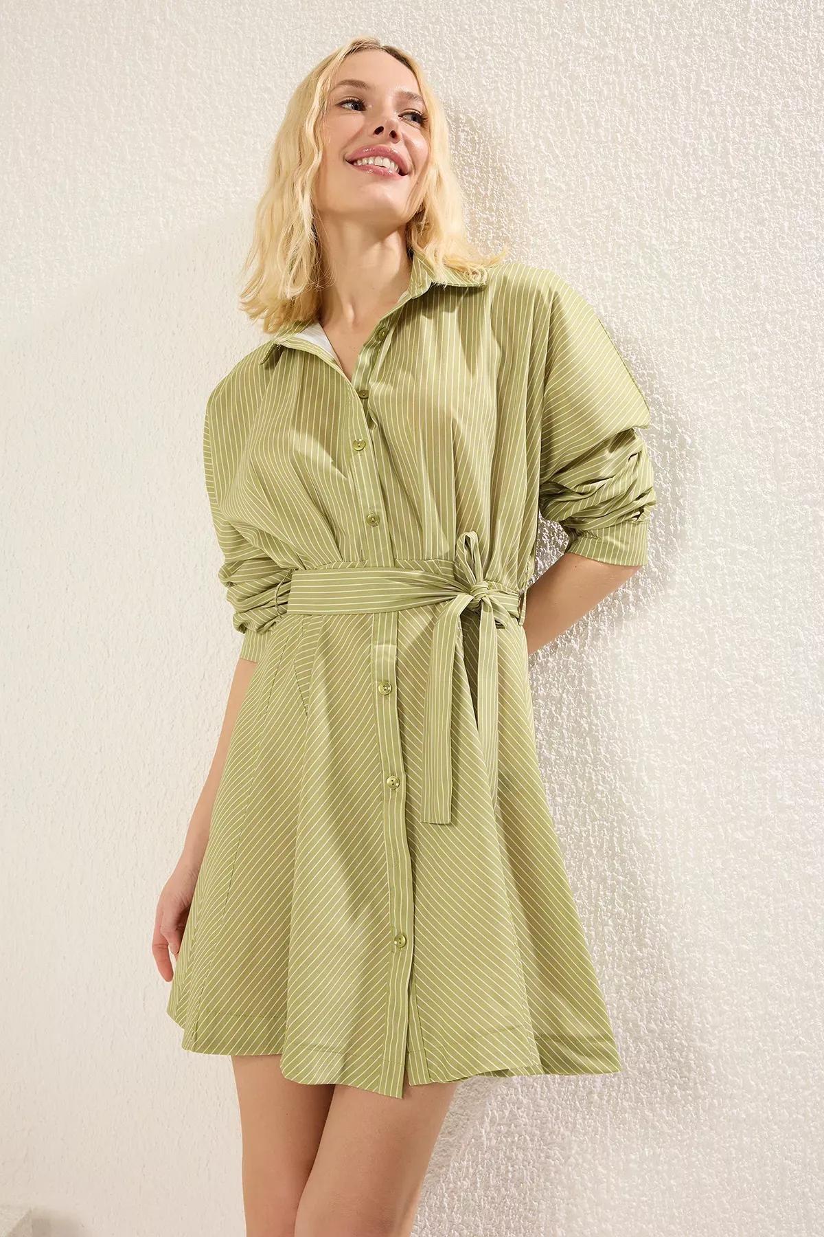 Green Striped Mini Woven Dress, OIL GREEN, large image number 5