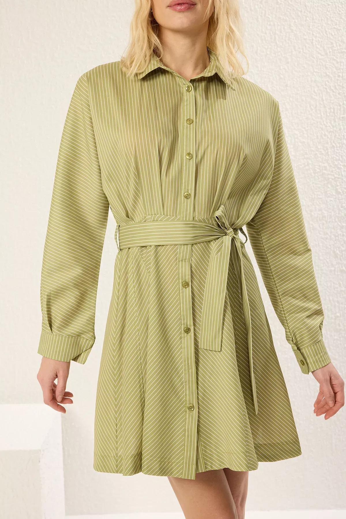Green Striped Mini Woven Dress, OIL GREEN, large image number 6