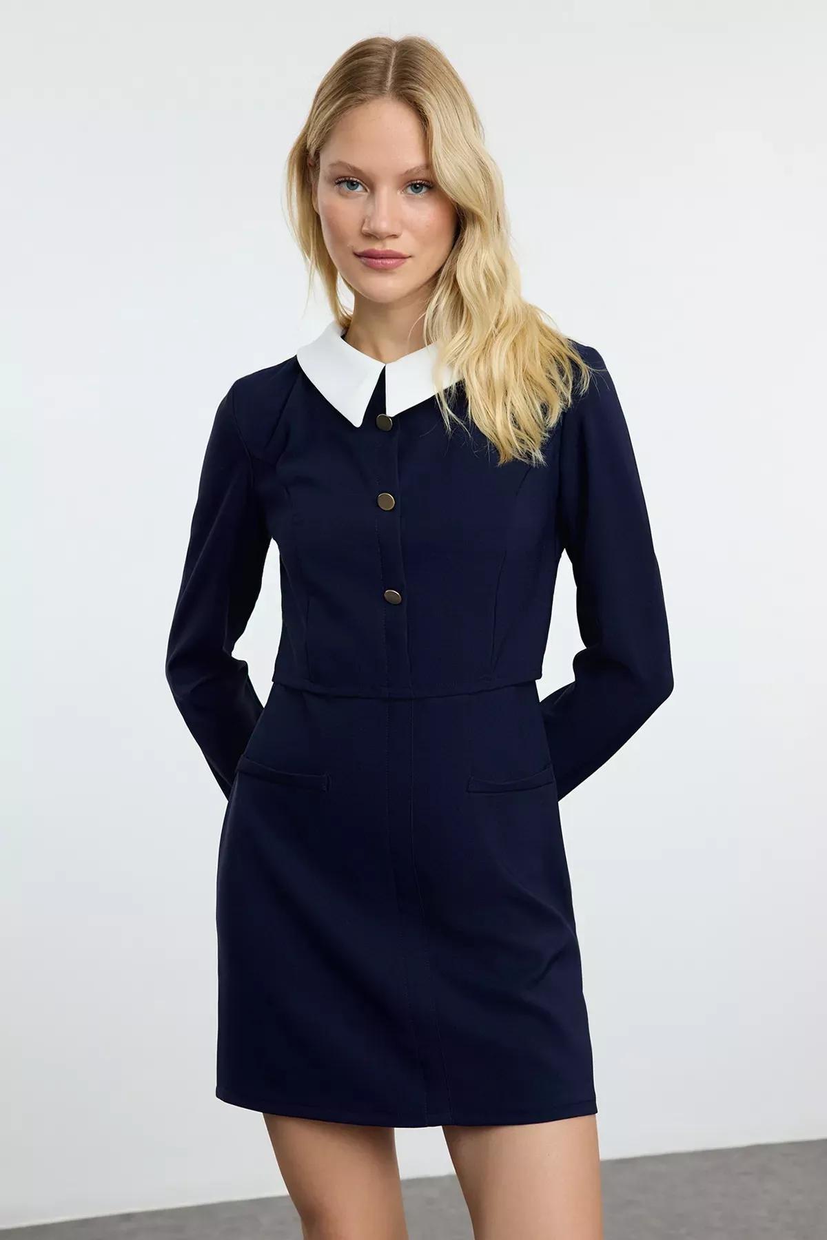 Navy Bodycon Button Detailed Mini Dress, , large image number 1