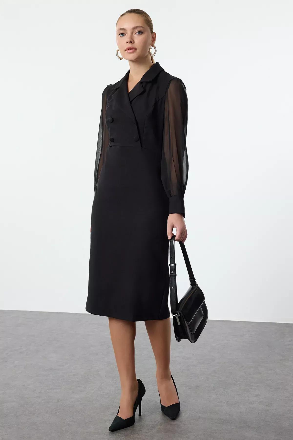 Black Bodycon Chiffon Midi Dress, , large image number 0