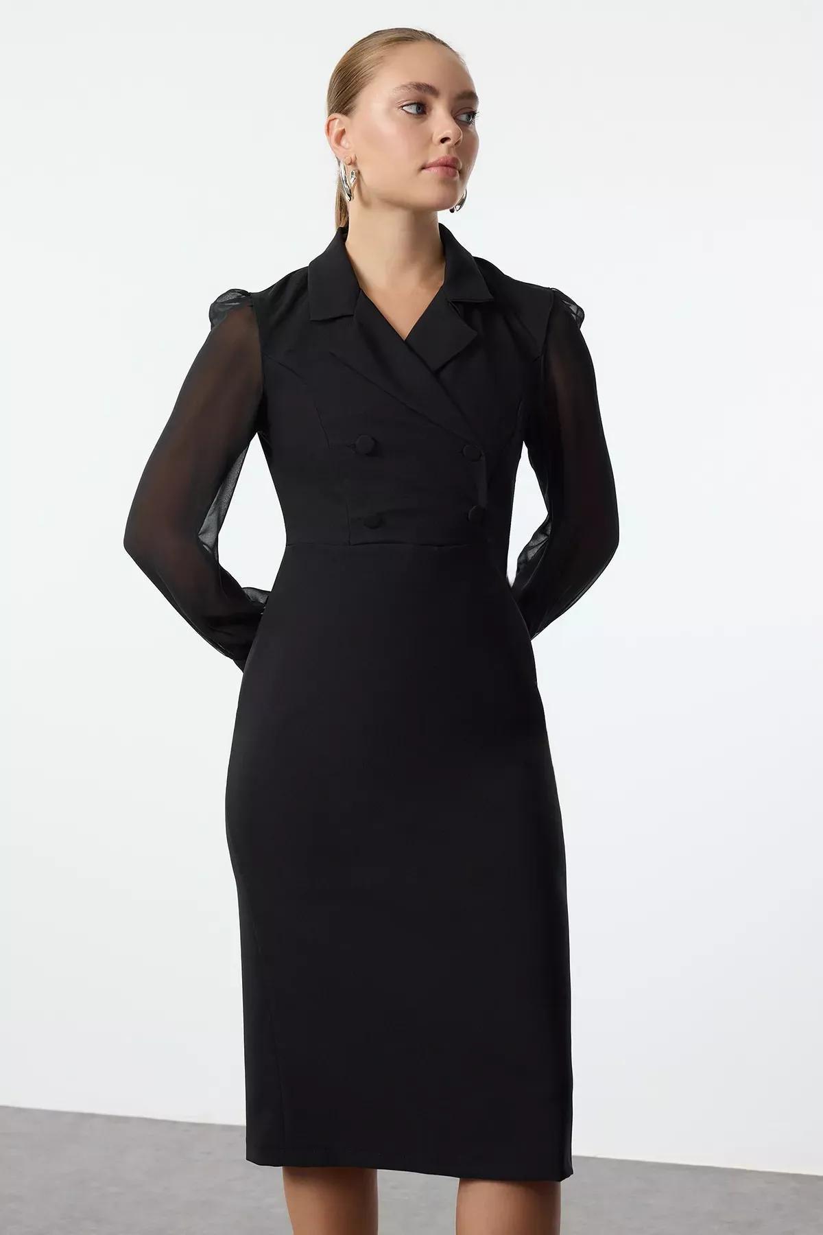 Black Bodycon Chiffon Midi Dress, , large image number 1