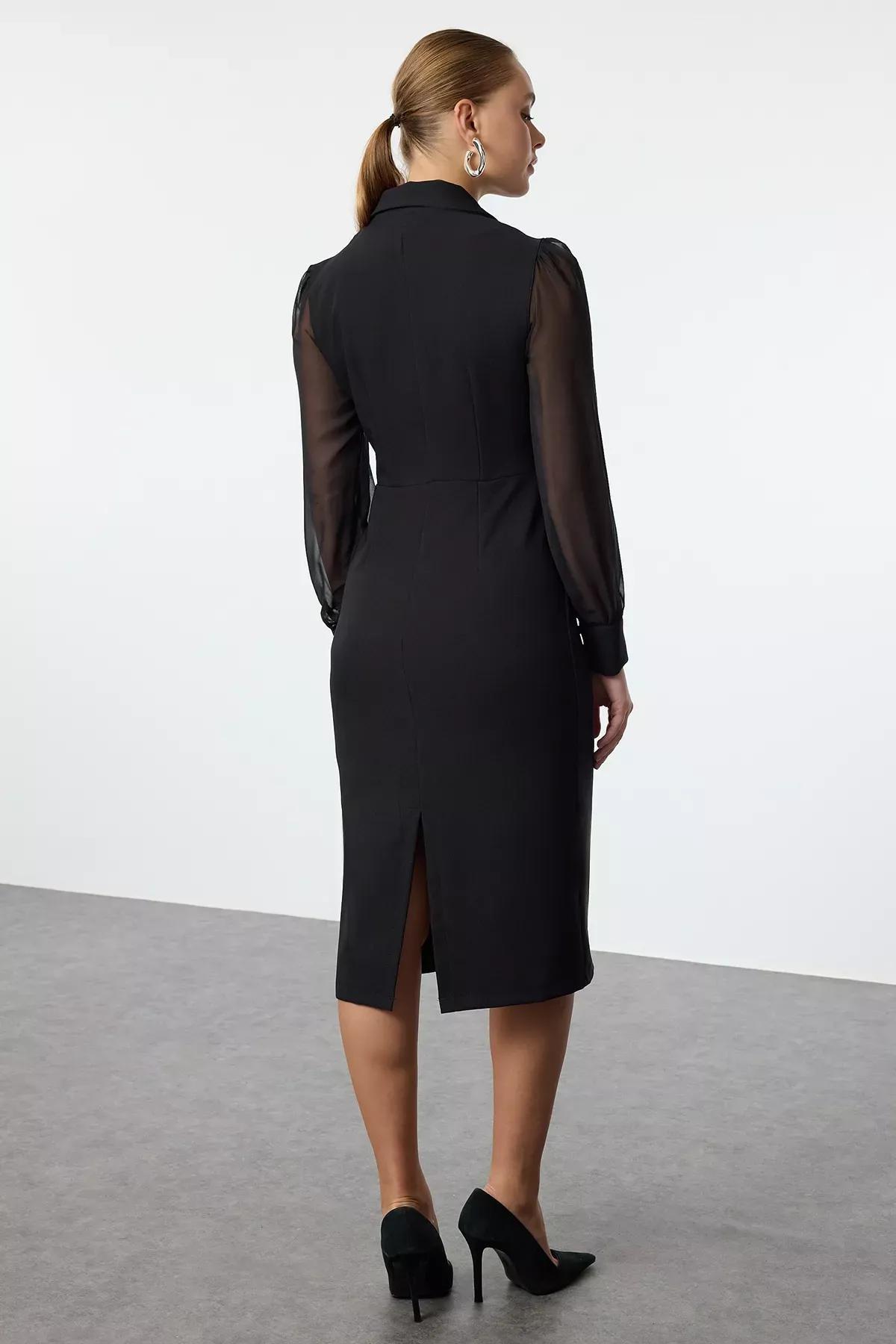Black Bodycon Chiffon Midi Dress, , large image number 4