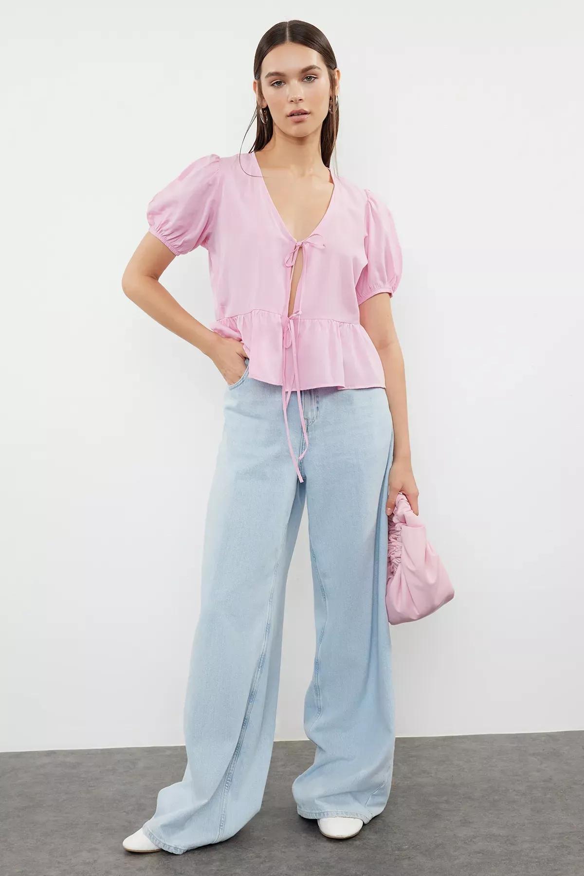 Pink Tie-Up Woven Shirt, , large image number 1