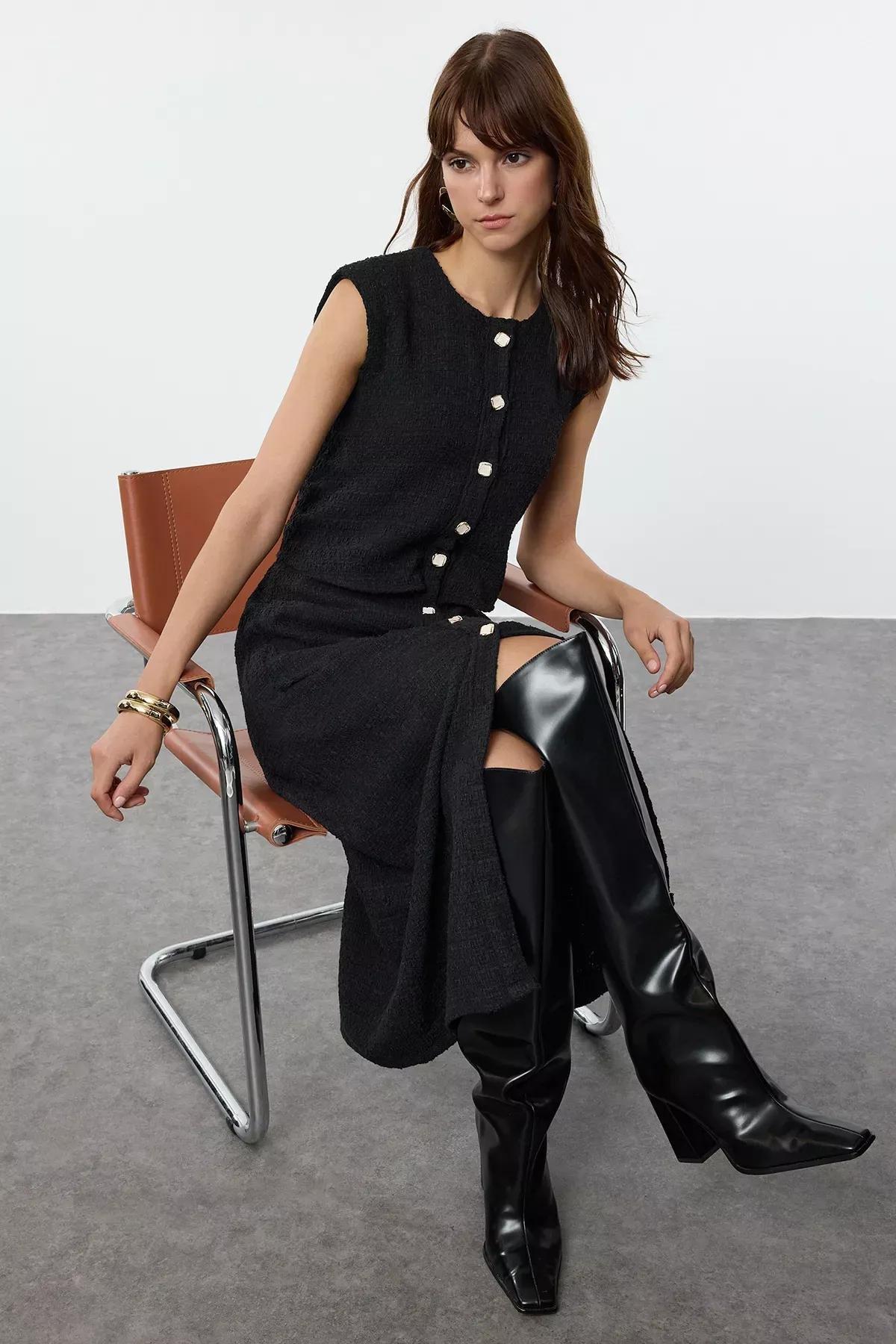 Black Detailed Woven Tweed Jacket Dress, C101_5720, medium