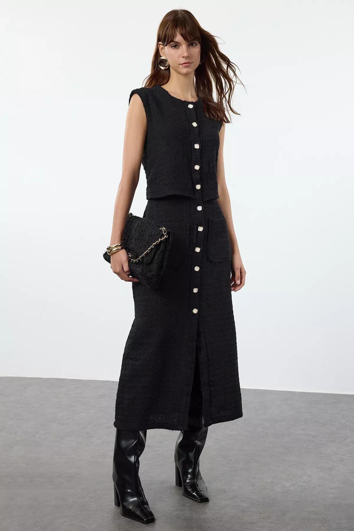 Black Detailed Woven Tweed Jacket Dress, , large image number 1