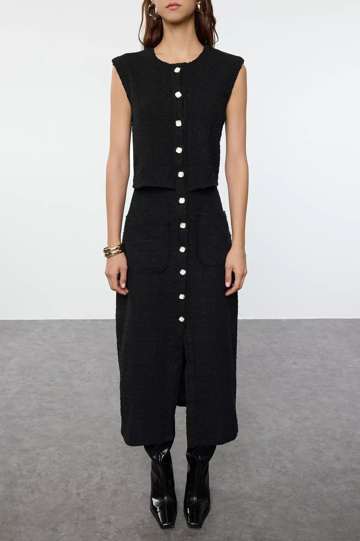 Black Detailed Woven Tweed Jacket Dress, , large image number 2