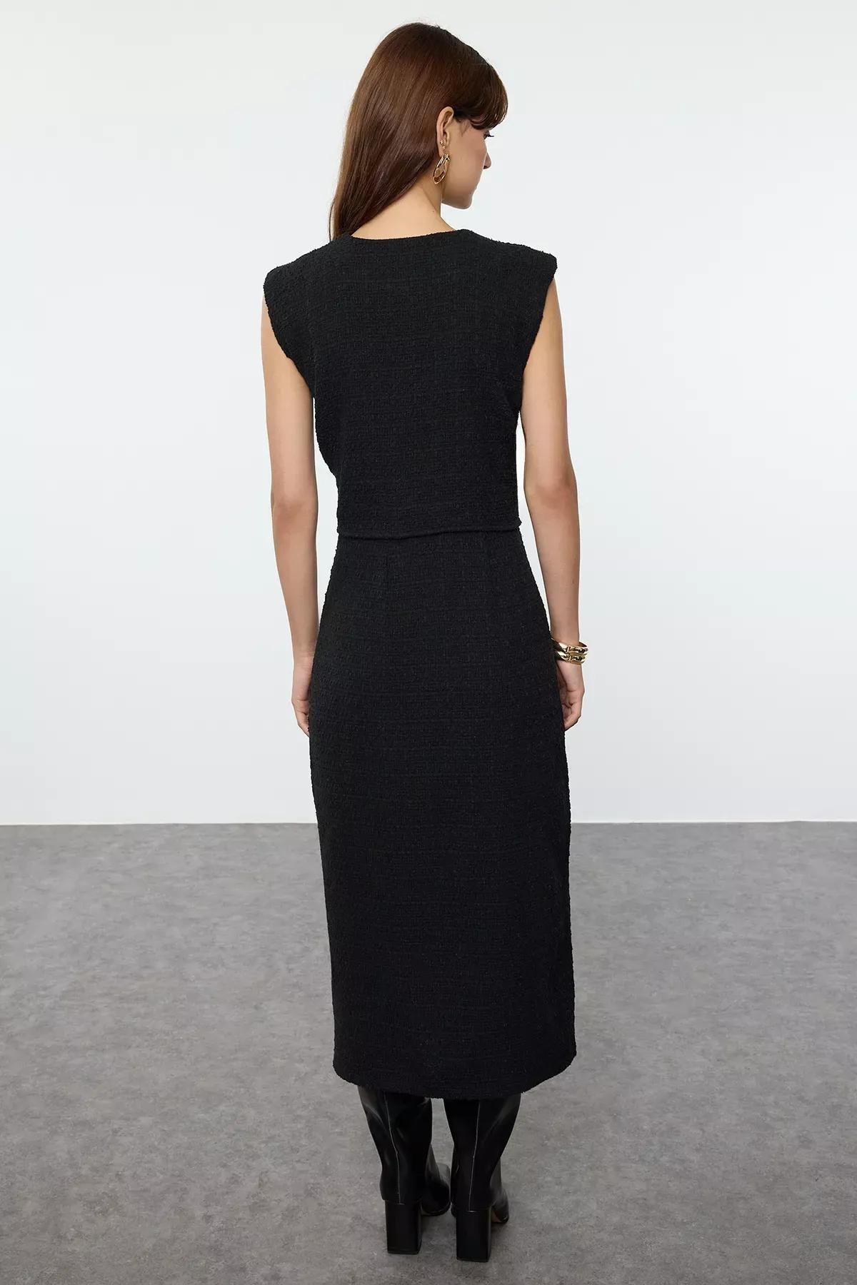 Black Detailed Woven Tweed Jacket Dress, , large image number 4