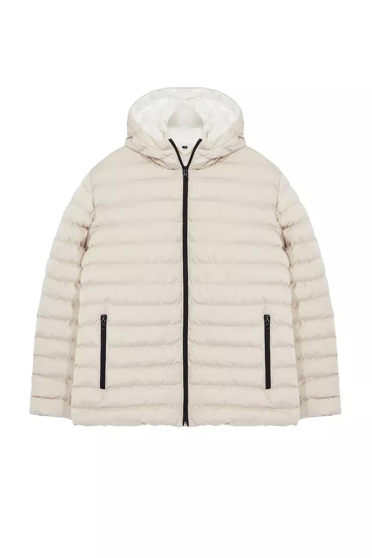 Beige-Grey Regular Fit Hooded Coat, STONE, large image number 0