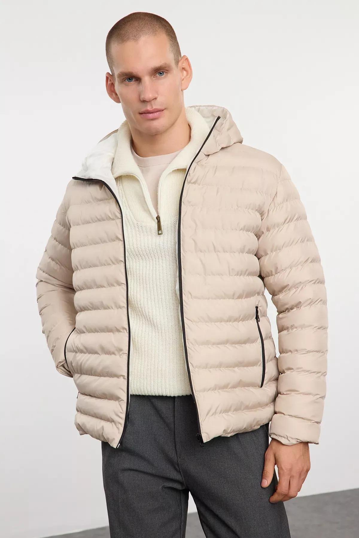 Beige-Grey Regular Fit Hooded Coat, STONE, medium