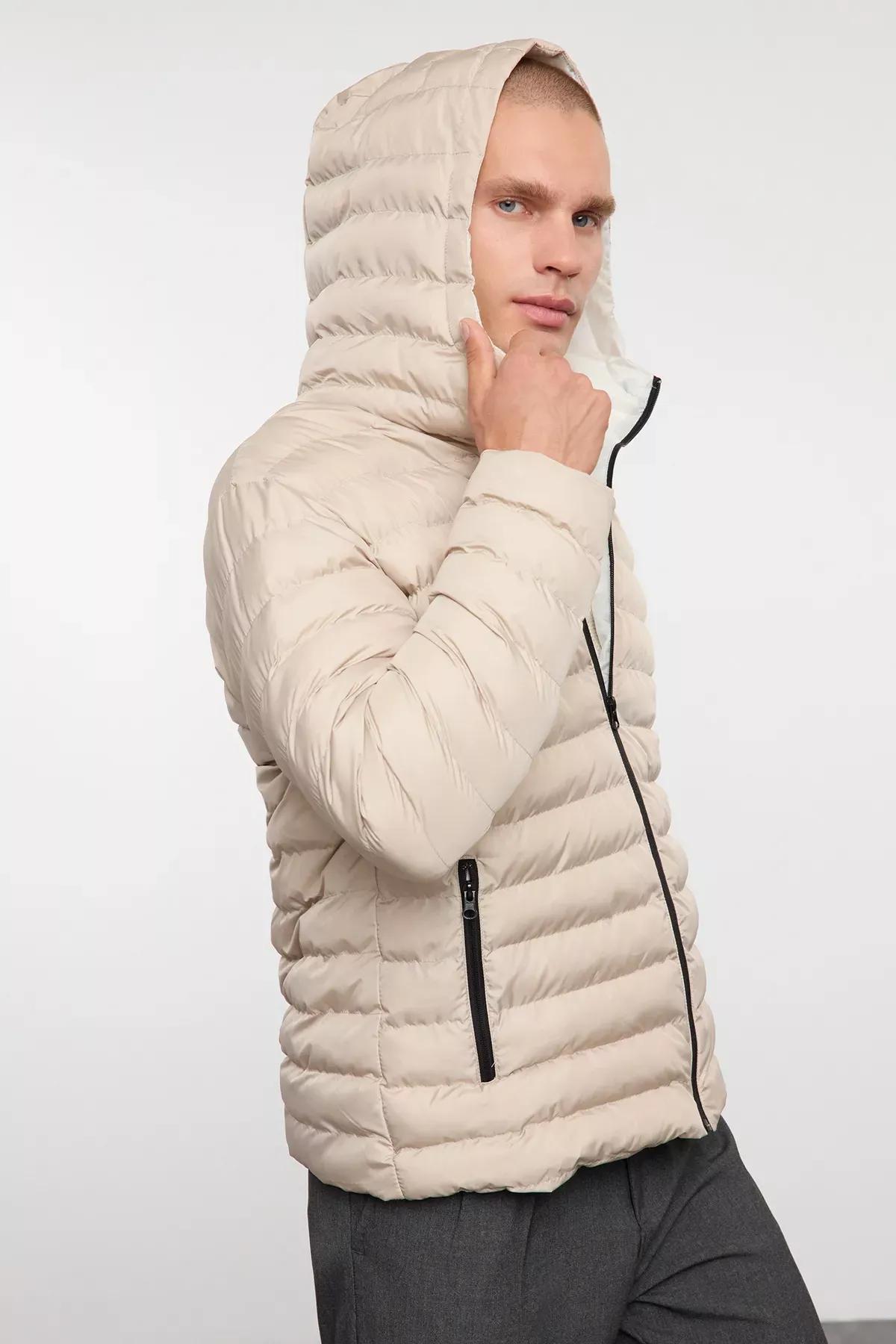 Beige-Grey Regular Fit Hooded Coat, STONE, large image number 3