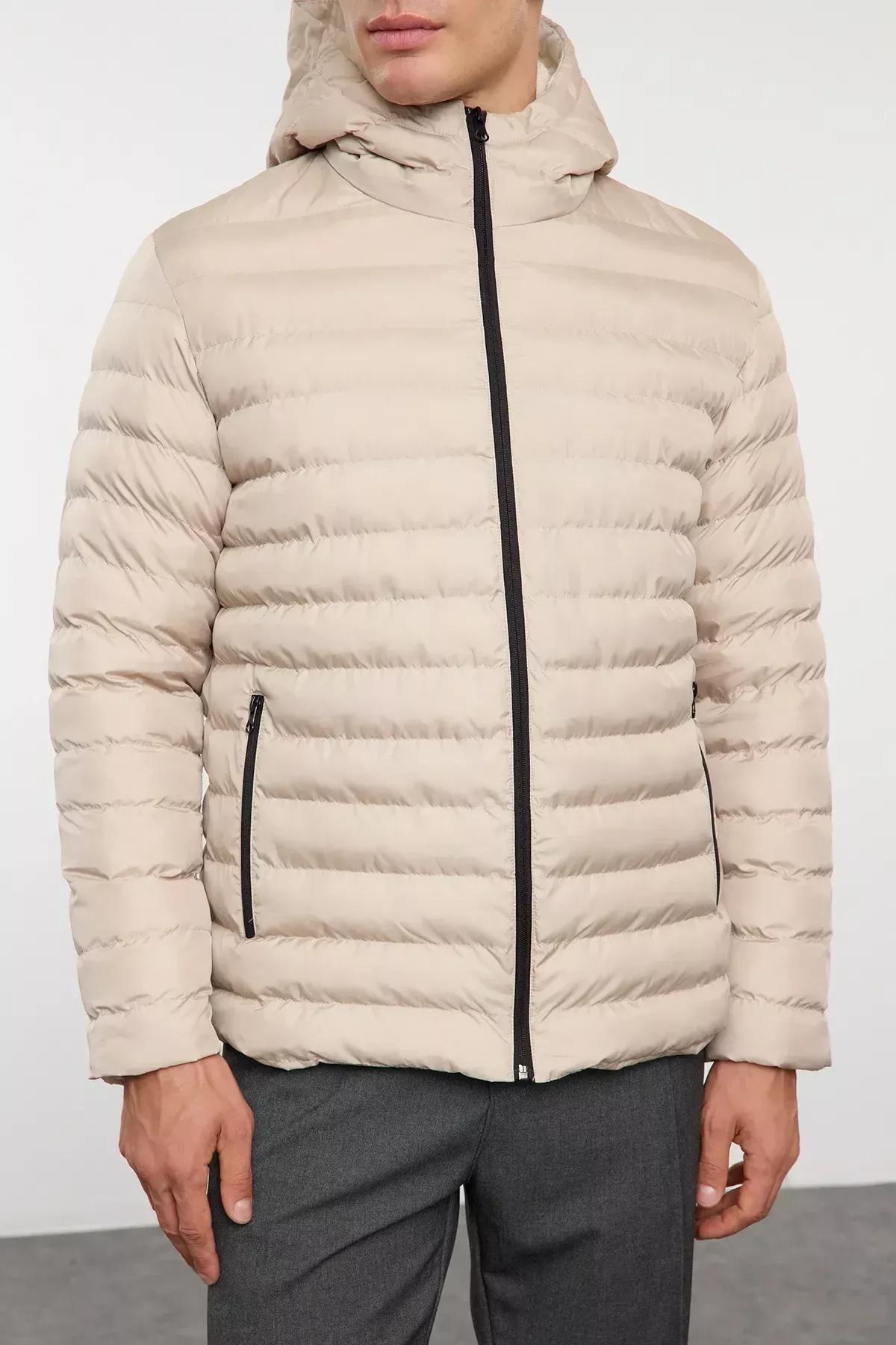 Beige-Grey Regular Fit Hooded Coat, STONE, large image number 4