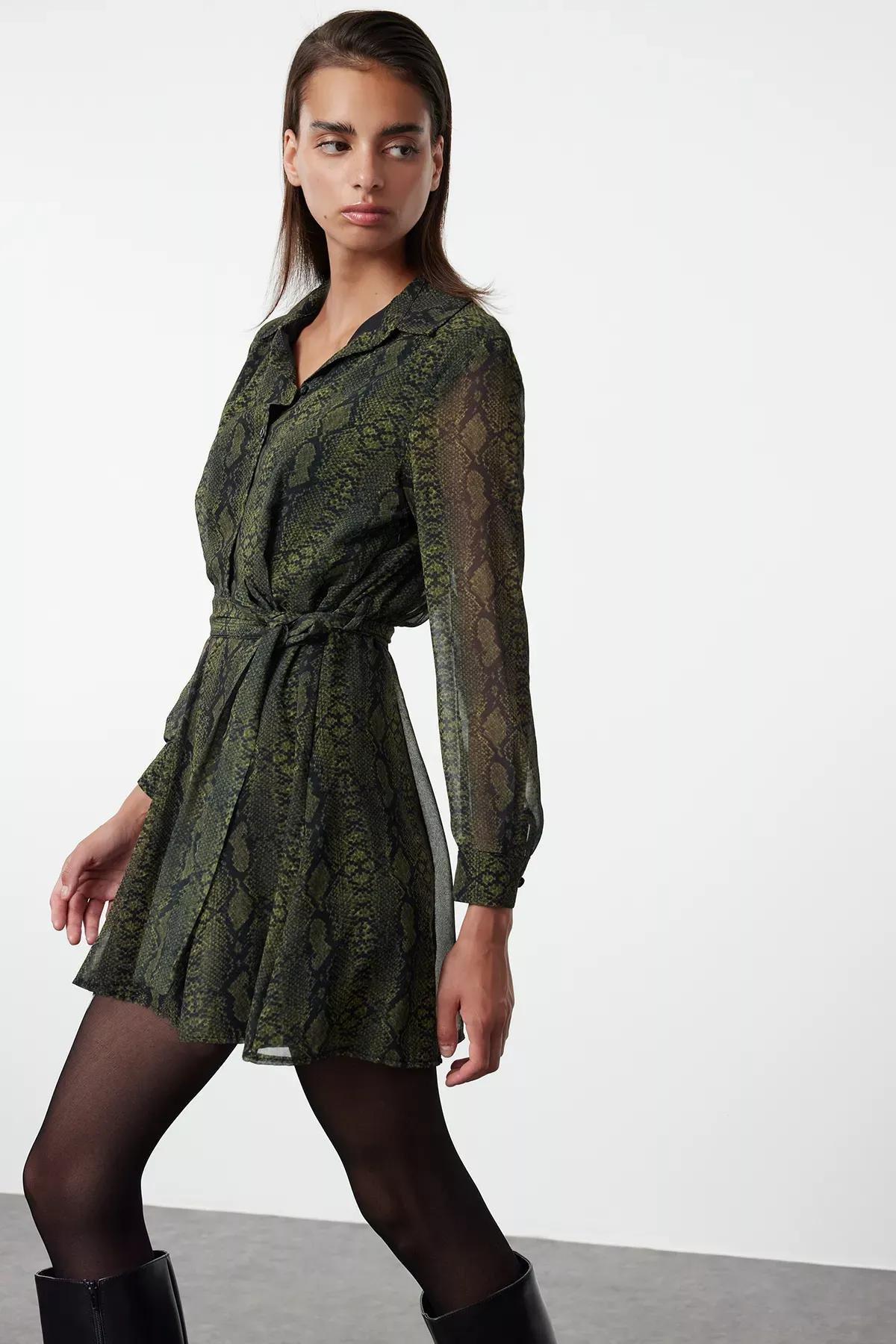 Green Animal Patterned Chiffon Dress, Green, medium