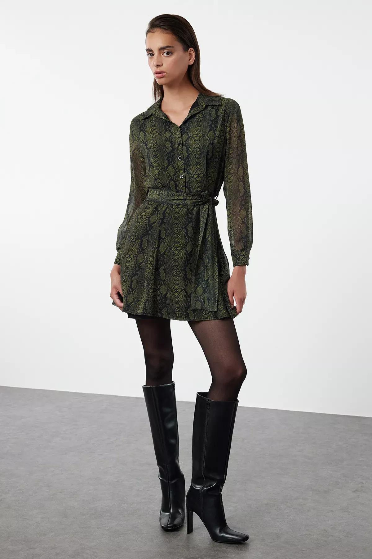 Green Animal Patterned Chiffon Dress, Green, medium