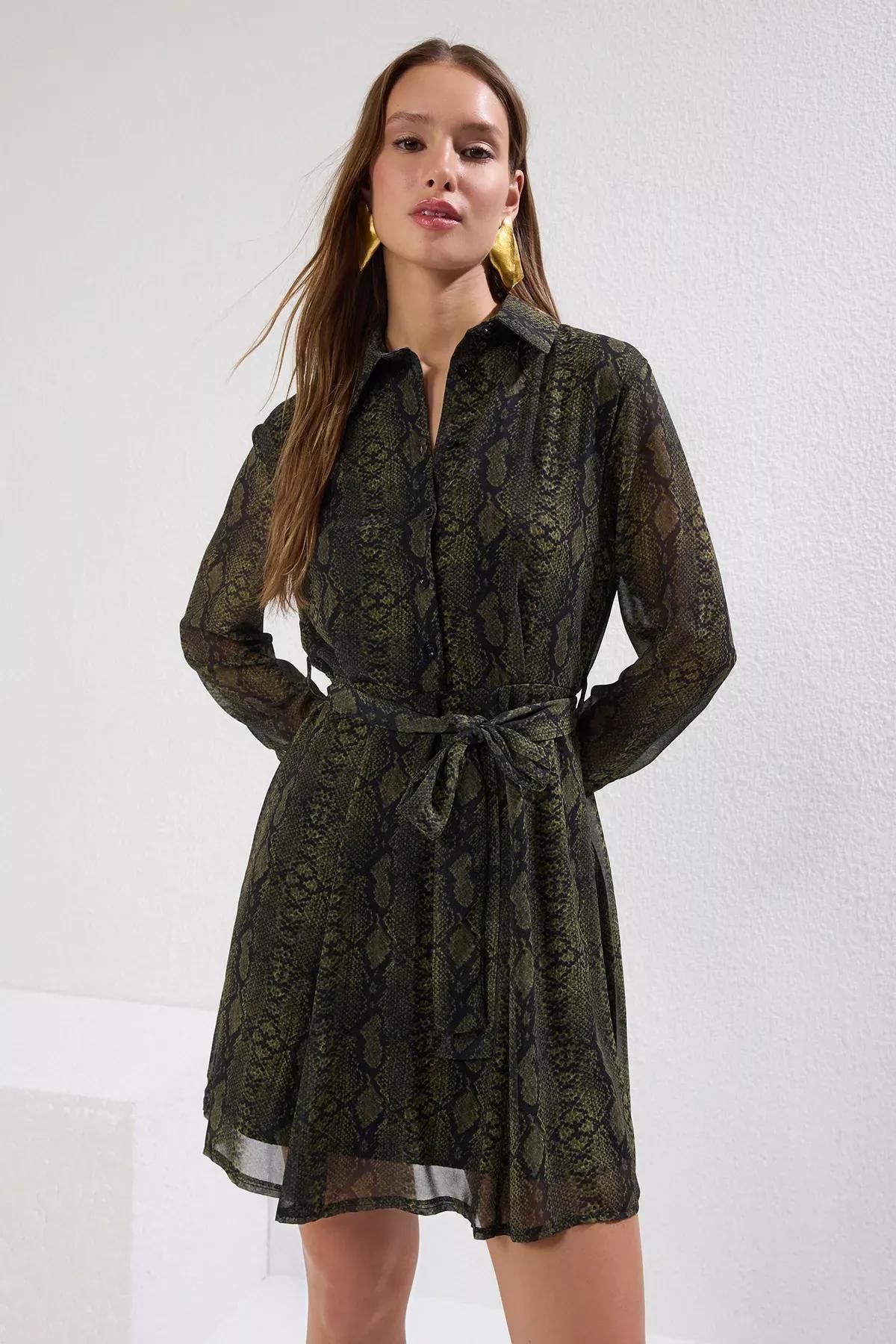 Green Animal Patterned Chiffon Dress, Green, large image number 3
