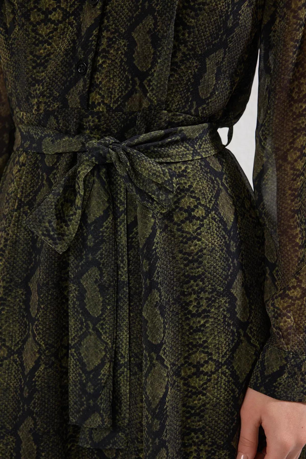 Green Animal Patterned Chiffon Dress, Green, large image number 5