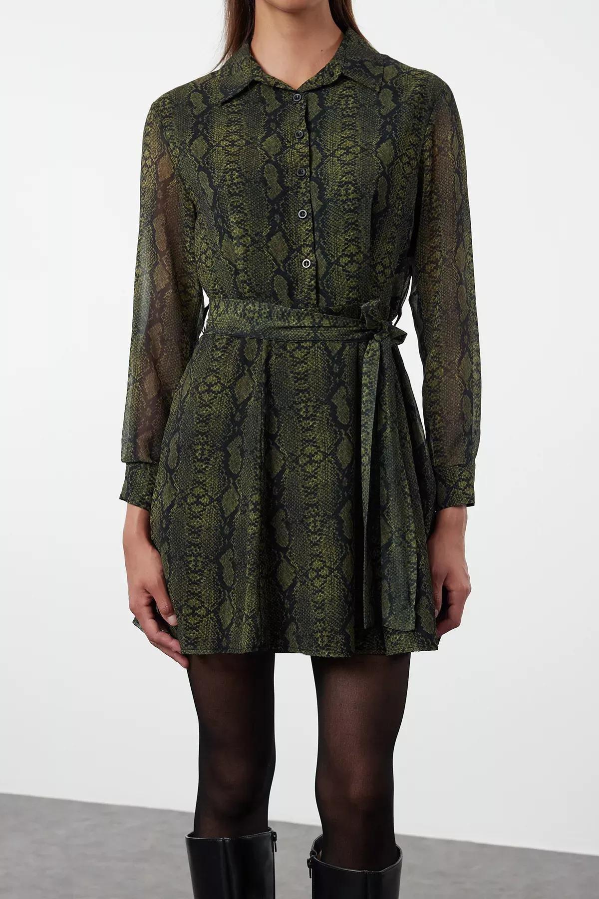 Green Animal Patterned Chiffon Dress, Green, large image number 6