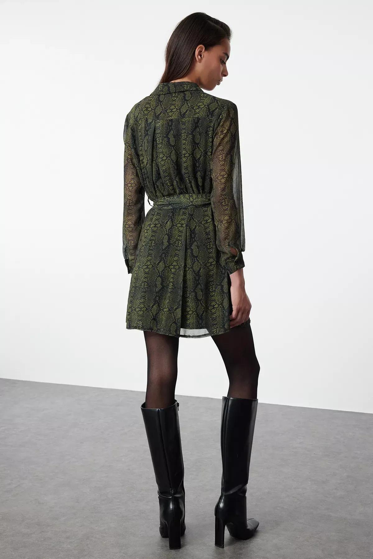 Green Animal Patterned Chiffon Dress, Green, large image number 12